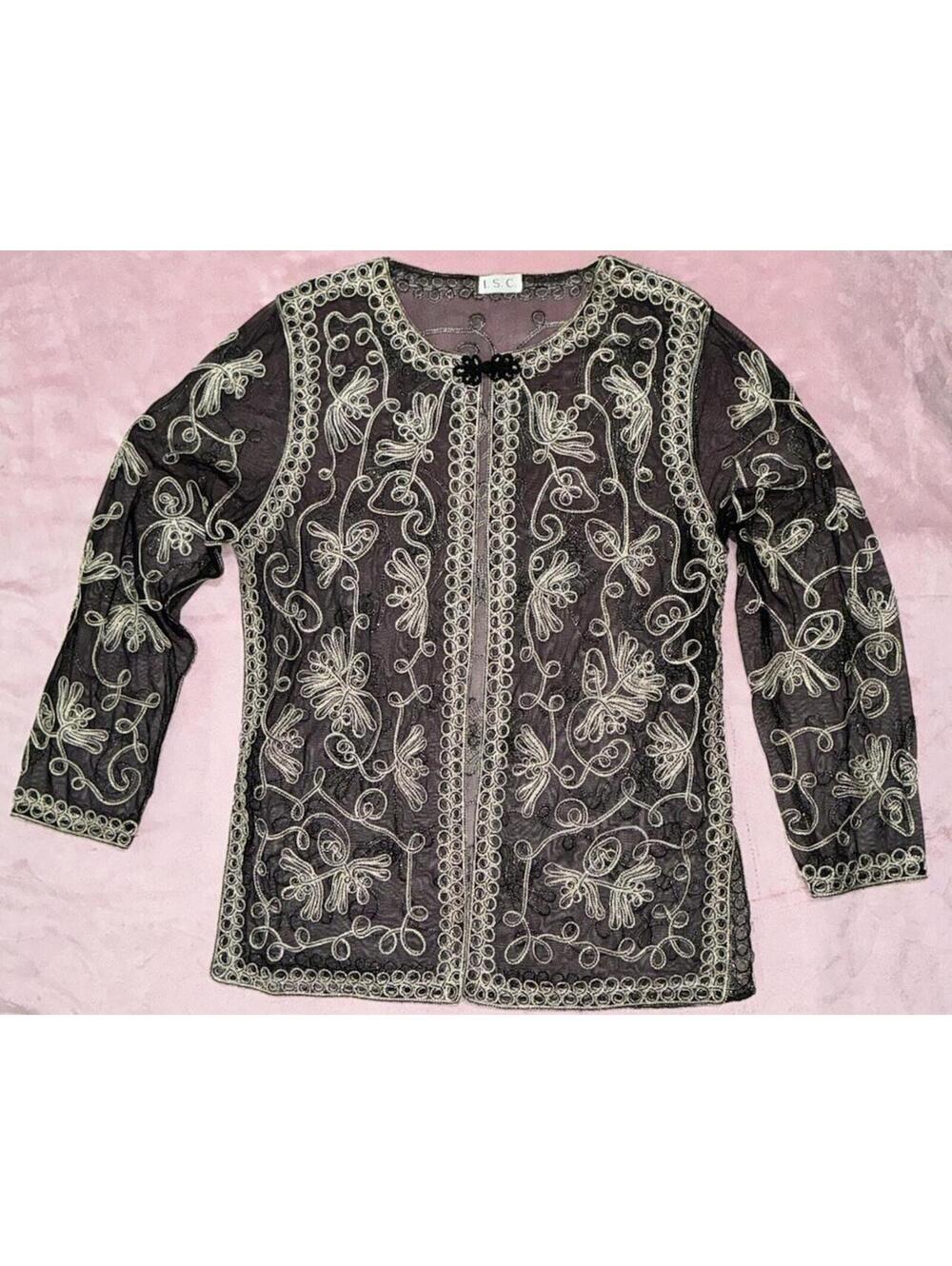 ISC I.S.C. Sheer Black Mesh Top W/Gold Thread Over Shirt Asian Inspired Sz M